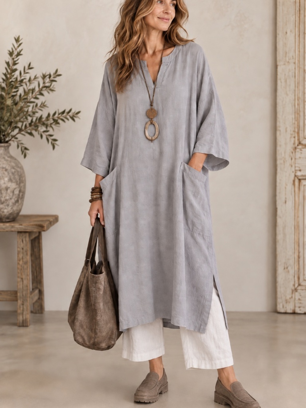 Eileen Fisher 100% Organic LINEN midi dress M lagenlook boho layering oversized